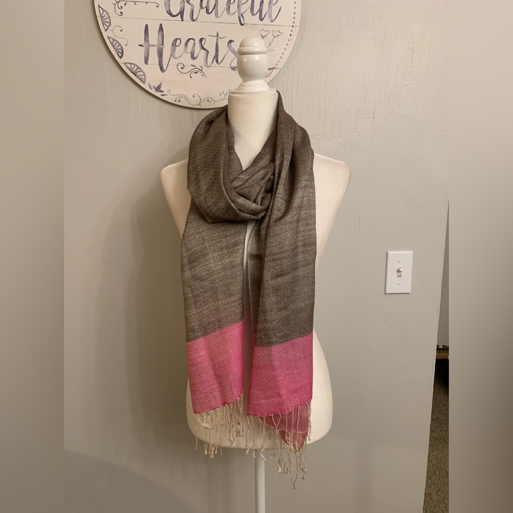Pink and Brown Scarf with Fringe - Picture 3 of 3
